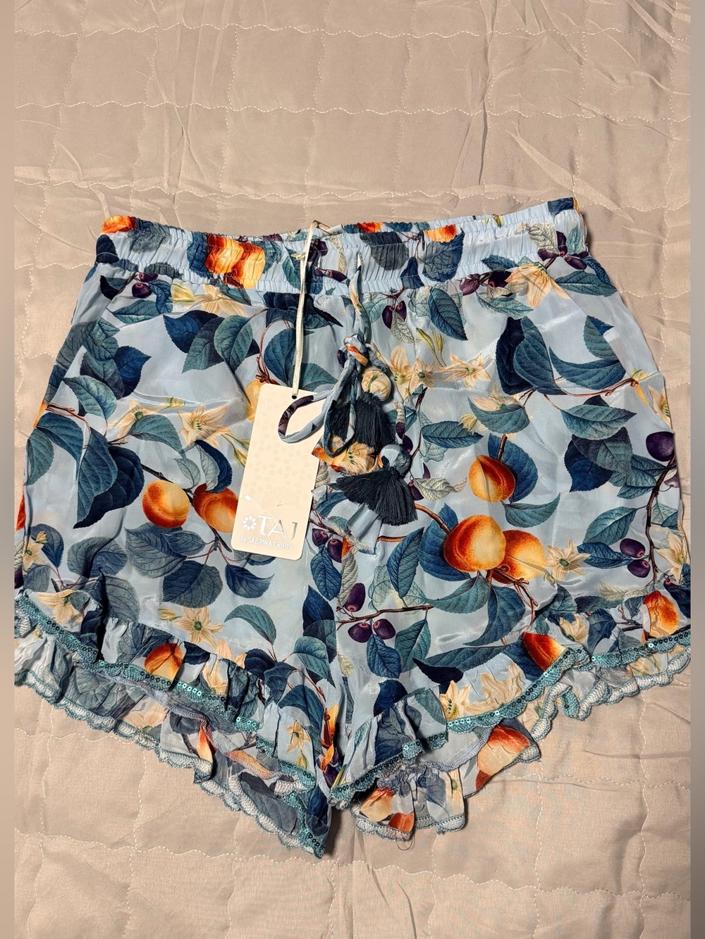 TAJ by Sabrina Crippa Blue Floral Fruit Print Ruffle Shorts
